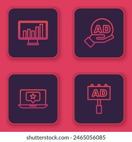 Set line Monitor with graph chart, Laptop star, Advertising and . Blue square button. Vector