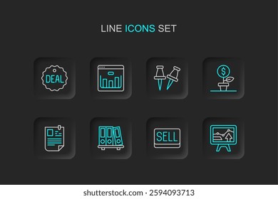 Set line Monitor with graph chart, Sell button, Office folders, Resume, Dollar plant, Push pin, Browser stocks market and Deal icon. Vector