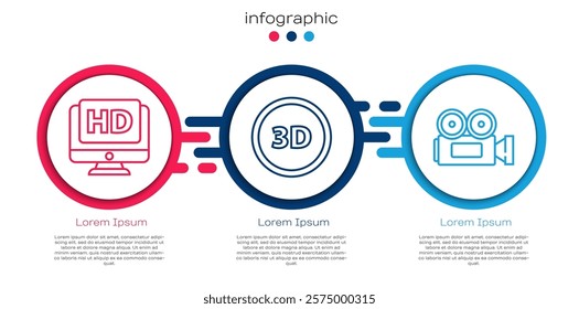 Set line Monitor with HD video, 3D word and Cinema camera. Business infographic template. Vector