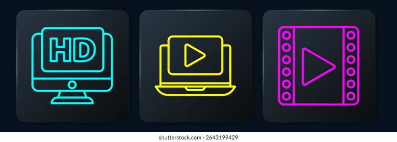 Set line Monitor with HD video, Play Video and Online play video. Black square button. Vector
