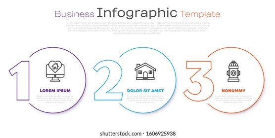 Set line Monitor with house in heart shape, House and Fire hydrant. Business infographic template. Vector