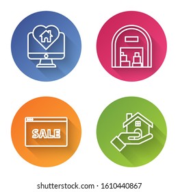 Set line Monitor with house in heart shape, Warehouse, Hanging sign with text Online Sale and Realtor. Color circle button. Vector