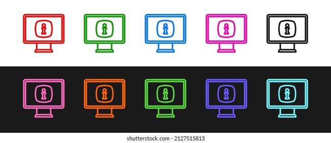 Set line Monitor with information icon isolated on black and white background.  Vector