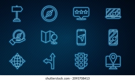 Set line Monitor with location marker, City map navigation, Map pointer star, Folded push pin, Compass, Road traffic sign,  and  icon. Vector