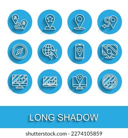 Set line Monitor with location marker, City map navigation, Route, Folded, Globe flying plane, Infographic of city and  icon. Vector