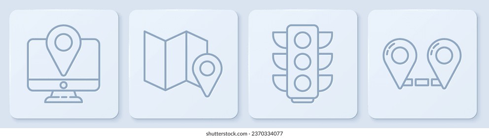 Set line Monitor with location marker, Traffic light, Folded map with location marker and Route location. White square button. Vector