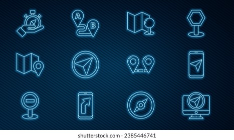 Set line Monitor with location marker, City map navigation, Folded push pin, Infographic of city, Compass, Route and  icon. Vector