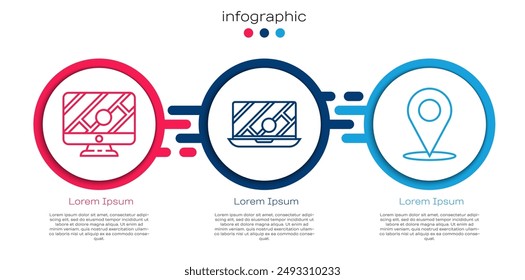 Set line Monitor with location marker, City map navigation and Location. Business infographic template. Vector