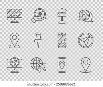 Monitor de línea con marcador de ubicación, Locación, señal de tráfico de carretera, globo aerostático, pin de empuje, navegación del mapa de la ciudad e infografía del ícono de la ciudad. Vector