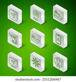 Set line Monitor with location marker, Wind rose, Infographic of city map navigation, Ship line path, Helicopter, Location cross hospital,  and City icon. Vector