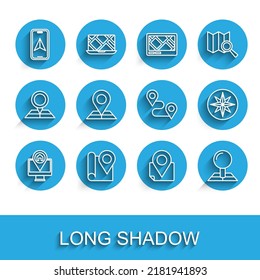 Set line Monitor with map location, Folded marker, City navigation, Wind rose and Route icon. Vector