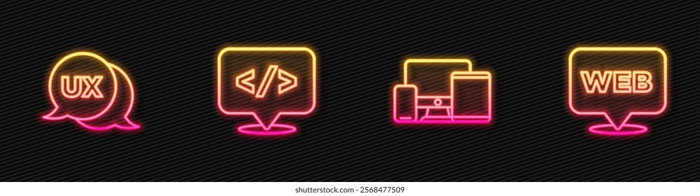 Set line Monitor, mobile, tablet, UI UX design, Front end development and Web and graphic. Glowing neon icon. Vector