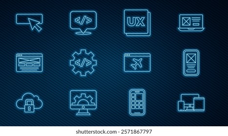 Set line Monitor, mobile, tablet, UI UX design, Front end development, Website template and  icon. Vector