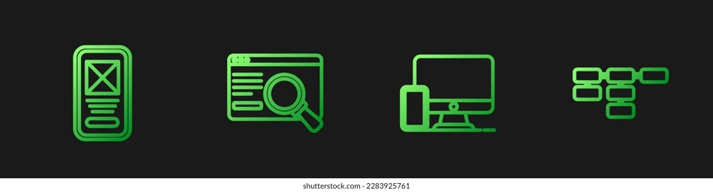 Set line Monitor and mobile, UI UX design,  and Site map. Gradient color icons. Vector