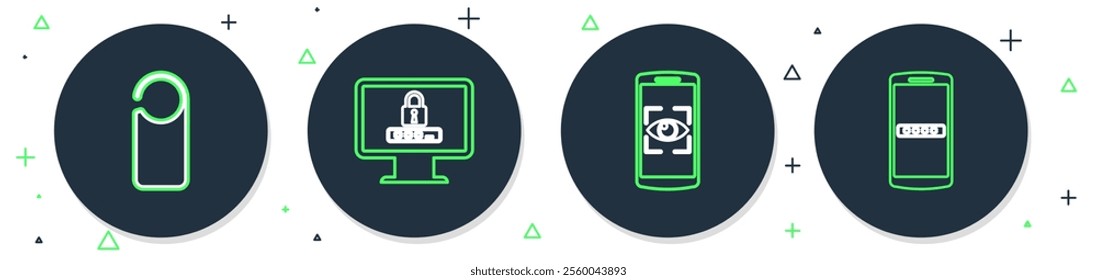 Set line Monitor with password, Mobile and eye scan, Please do not disturb and  icon. Vector