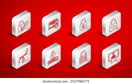 Definir a linha Monitor com senha, Autenticação em duas etapas, Money lock, Padlock heart, Lock e key, Proteção por senha e ícone de curva de Bezier. Vetor