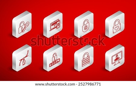 Set line Monitor with password, Two steps authentication, Money lock, Padlock heart, Lock, and key, Password protection and Bezier curve icon. Vector