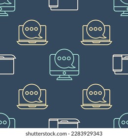 Set line Monitor and phone, Chat messages notification on laptop and Chat messages notification on monitor on seamless pattern. Vector