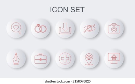 Set line Monitor with shopping basket, Fountain pen nib, Download, Medical location cross, Heart speech bubble, Wedding rings, Toolbox and circle icon. Vector