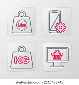 Set line Monitor with shopping basket, Weight, Setting smartphone and pounds icon. Vector