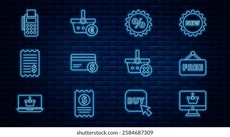 Set line Monitor with shopping basket, Price tag text Free, Discount percent, Credit card and dollar, Paper check financial check, POS terminal credit, Remove and Shopping euro icon. Vector