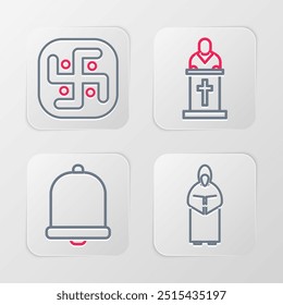 Set line Monk, Church bell, pastor preaching and Jainism icon. Vector