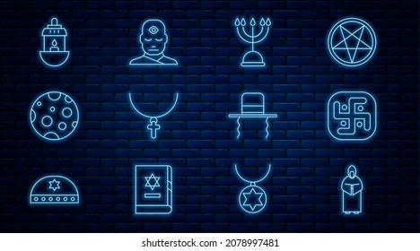 Set line Monk, Jainism, Hanukkah menorah, Christian cross chain, Moon, Ramadan Kareem lantern, Orthodox jewish hat with sidelocks and Man third eye icon. Vector
