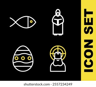 Set line Monk, Jesus Christ, Easter egg and Christian fish icon. Vector