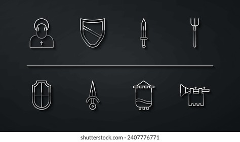 Set line Monk, Shield, Garden pitchfork, Medieval flag, Dagger, Trumpet with and sword icon. Vector