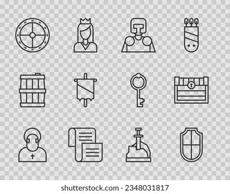 Die Linie Mönch, Schild, mittelalterlicher Ritter, Dekret, Pergament, Scroll, Rundhölzernschild, Fahne, Schwert im Stein und antike Schatztruhe Symbol. Vektorgrafik