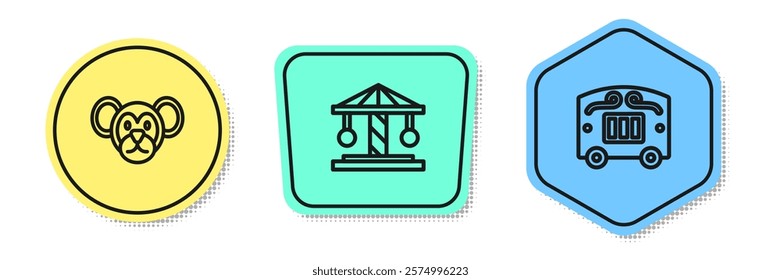 Set line Monkey, Attraction carousel and Circus wagon. Colored shapes. Vector