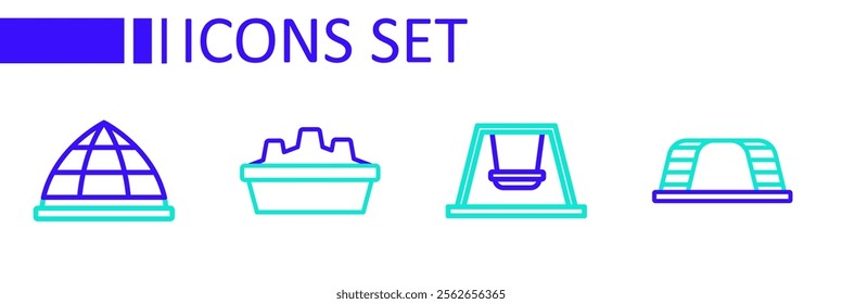 Set line Monkey bar, Ferris wheel, Sandbox with sand and Playground climbing equipment icon. Vector