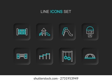 Set Linie Affe bar, Gymnastikringe, Sport horizontal, Spielplatz Kinder Brücke, Hopscotch, Slide Spielplatz, und Bildung Logik Spiel Symbol. Vektorgrafik