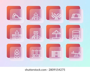 Set line Monkey bar, Kid playground slide pipe, Sandbox with sand, Swedish wall, Slide, Swing car,  and  icon. Vector