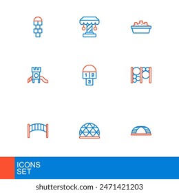 Set line Monkey bar, Playground climbing equipment, kids bridge, Slide playground, Hopscotch, Sandbox with sand and Attraction carousel icon. Vector