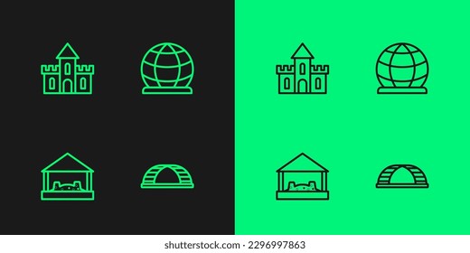 Set line Monkey bar, Sandbox with sand, castle and Playground climbing equipment icon. Vector