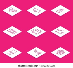 Set line Monkey, Cannon, Paper glass with water, Circus ticket, Toy train, Jester hat bells, Magician and Festive mask icon. Vector