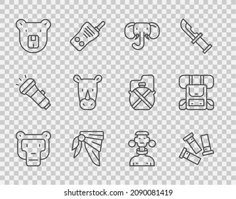 Fijar la línea Mono, Cartuchos, Elefante, Bandana o bufanda de ciclismo, Cabeza de oso, Rinocerontes, macho de tribu africana e ícono de mochila de senderismo. Vector