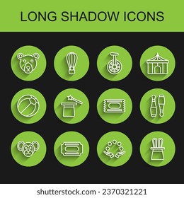 Set line Monkey, Circus ticket, Bear head, Juggling ball, Magician hat and rabbit ears, wand, Bowling pin and  icon. Vector