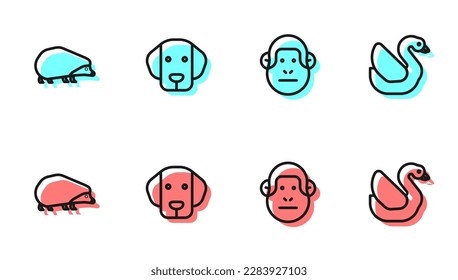 Set line Monkey, Hedgehog, Dog and Swan bird icon. Vector
