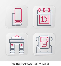 Set line Monkey, India Gate in Delhi, Independence day and Indian textile fabric icon. Vector