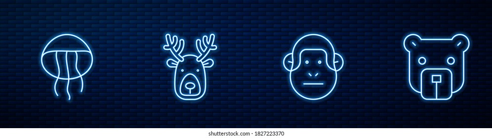Set line Monkey  Jellyfish  Deer head and antlers   Bear  Glowing neon icon brick wall  Vector
