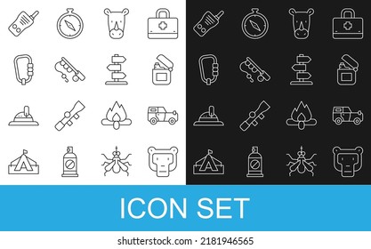 Set line Monkey, Off road car, Lighter, Rhinoceros, Fishing rod, Carabiner, Walkie talkie and Road traffic sign icon. Vector