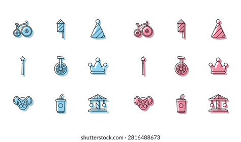 Set line Monkey, Paper glass with water, Vintage bicycle, Attraction carousel, Unicycle or one wheel, Jester hat bells, Magic wand and Firework rocket icon. Vector