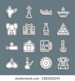 Set line Monkey, Sitar, Yagna, Indian shoes, Gate in Delhi, Elephant, map and vase icon. Vector