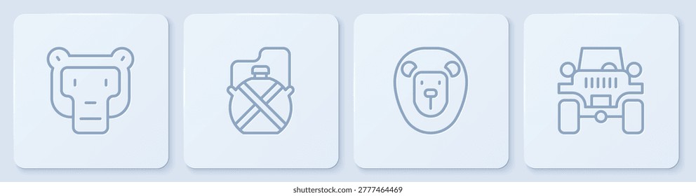 Set line Monkey, Wild lion, Canteen water bottle and Off road car. White square button. Vector