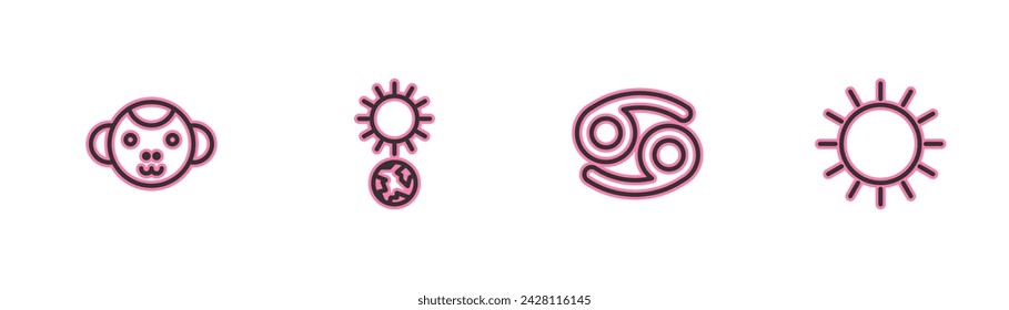 Set line Monkey zodiac, Cancer, Solstice and Sun icon. Vector