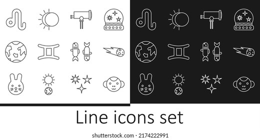 Set line Monkey zodiac, Comet falling down fast, Telescope, Gemini, Planet Earth, Leo, Pisces and Eclipse of the sun icon. Vector