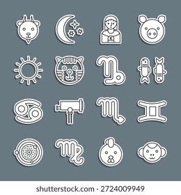 Definir linha Zodíaco macaco, Gêmeos, Peixes, Mulher de Astrologia, Tigre, Sol, Áries e Ícone de Capricórnio. Vetor