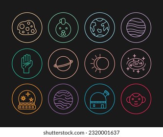 Set line Monkey zodiac, Milky way spiral galaxy, Planet Earth, Saturn, Palmistry of the hand, Asteroid, Eclipse sun and Rooster icon. Vector